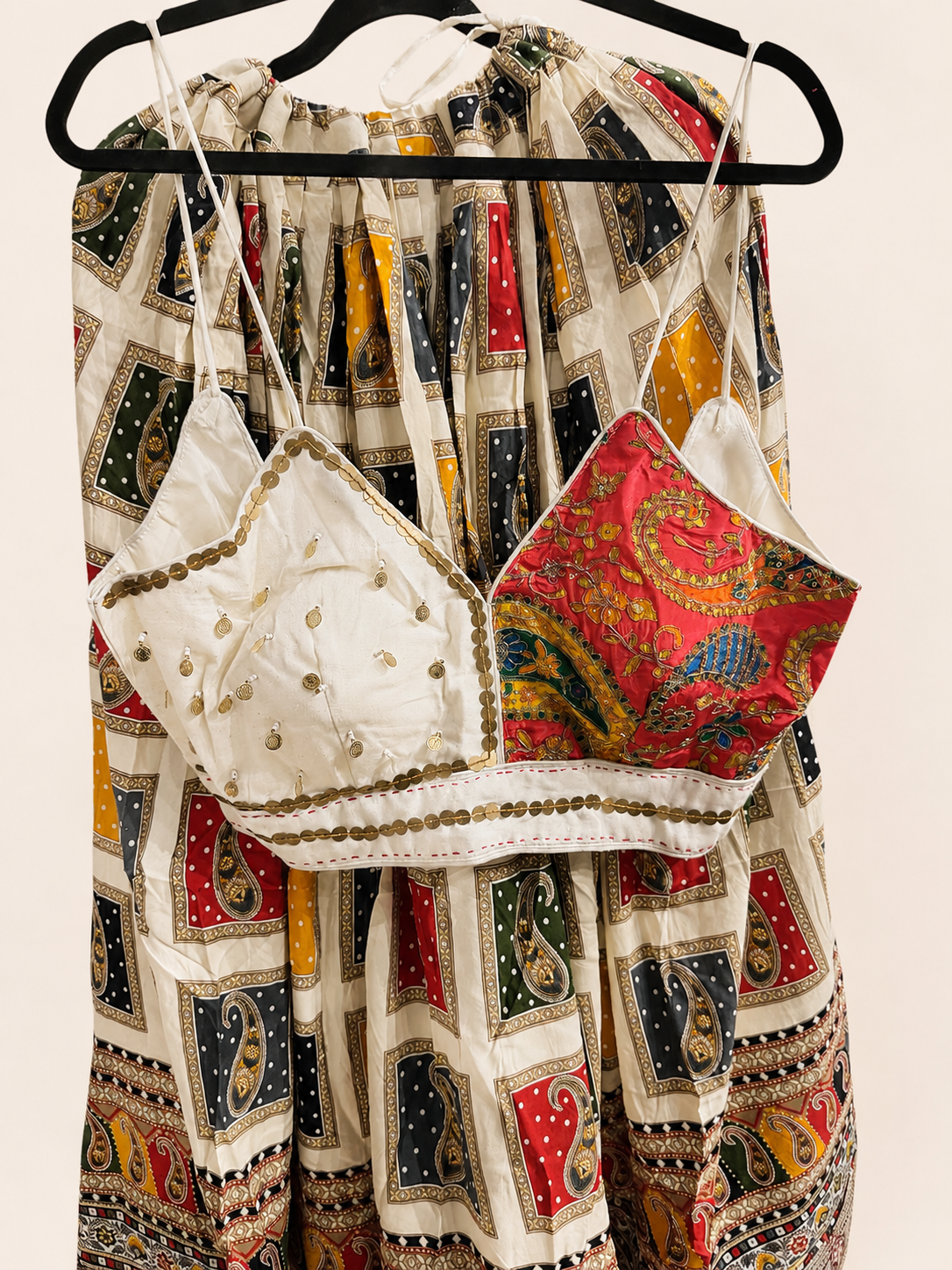 White traditional Folk Heavy Pattern Spaghetti Top with black Dupatta