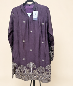 Mens V Nevk Purple Soft Material Kurta with Silver Elephant Embroidery