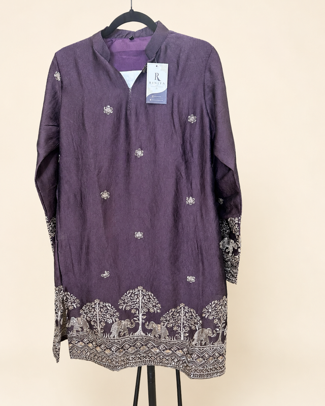Mens V Nevk Purple Soft Material Kurta with Silver Elephant Embroidery