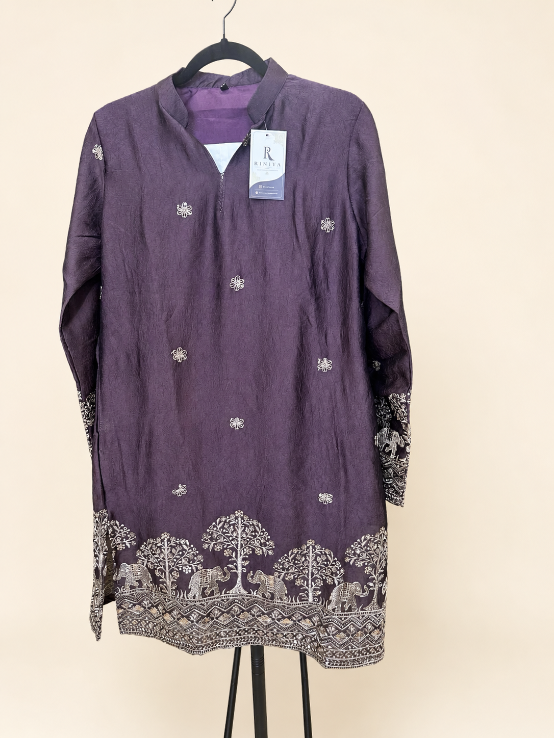 Mens V Nevk Purple Soft Material Kurta with Silver Elephant Embroidery