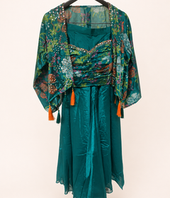 Aqua Green Tropical Cape with Crop top Palazzo Set