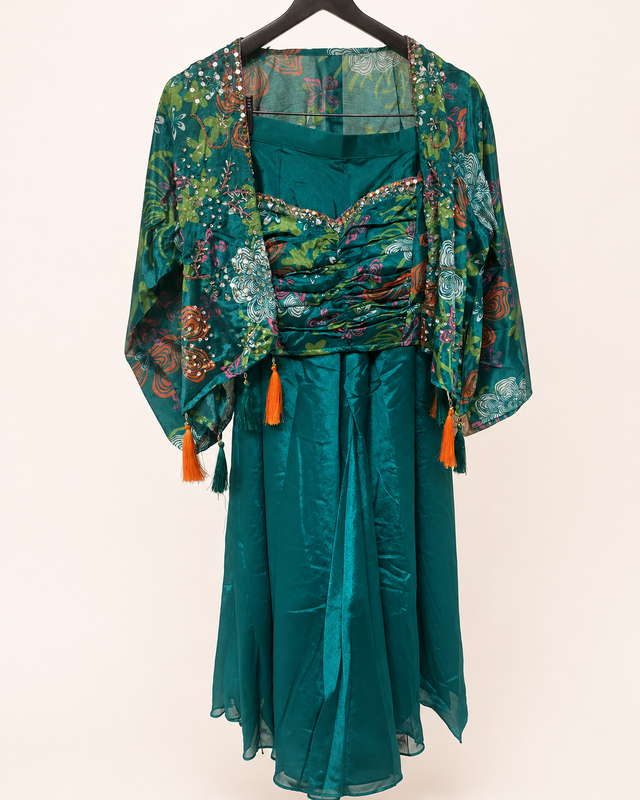 Aqua Green Tropical Cape with Crop top Palazzo Set