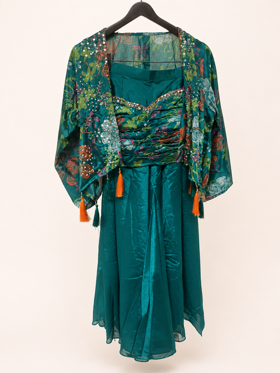 Aqua Green Tropical Cape with Crop top Palazzo Set