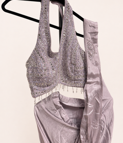 Lavender Deluxe Pre-Stiched Saree with Hanging Beads and Halter Top