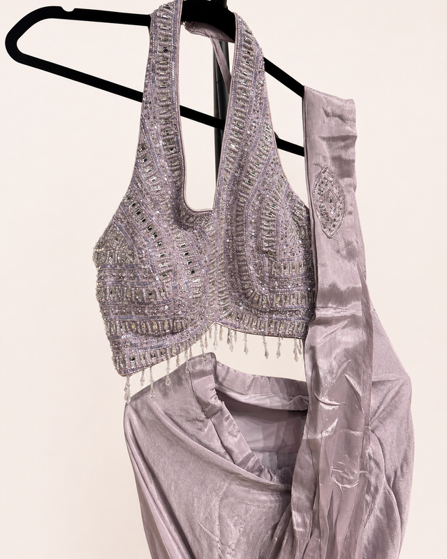 Lavender Deluxe Pre-Stiched Saree with Hanging Beads and Halter Top