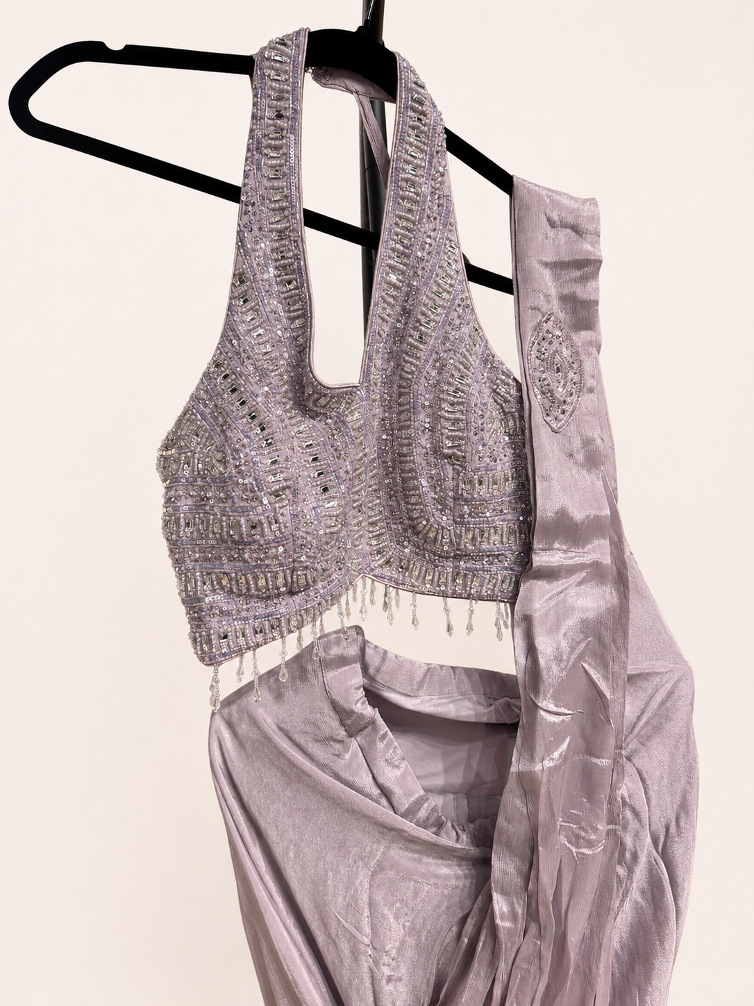 Lavender Deluxe Pre-Stiched Saree with Hanging Beads and Halter Top