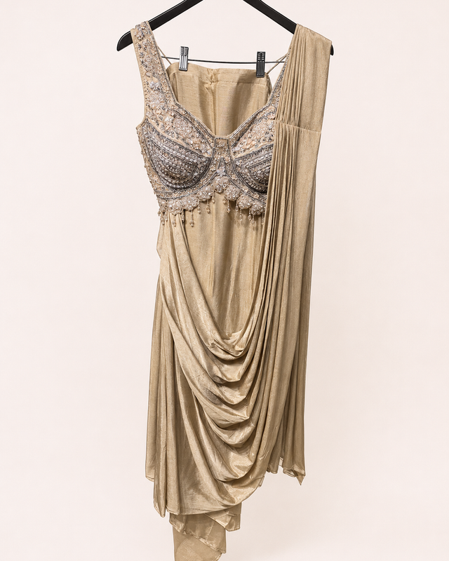 Heavy Golden Crop Top with Soft Pre-Stiched Saree
