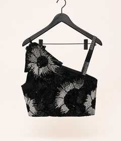 Black Floral Stone Sequence Sleeveless Top Attached Dupatta