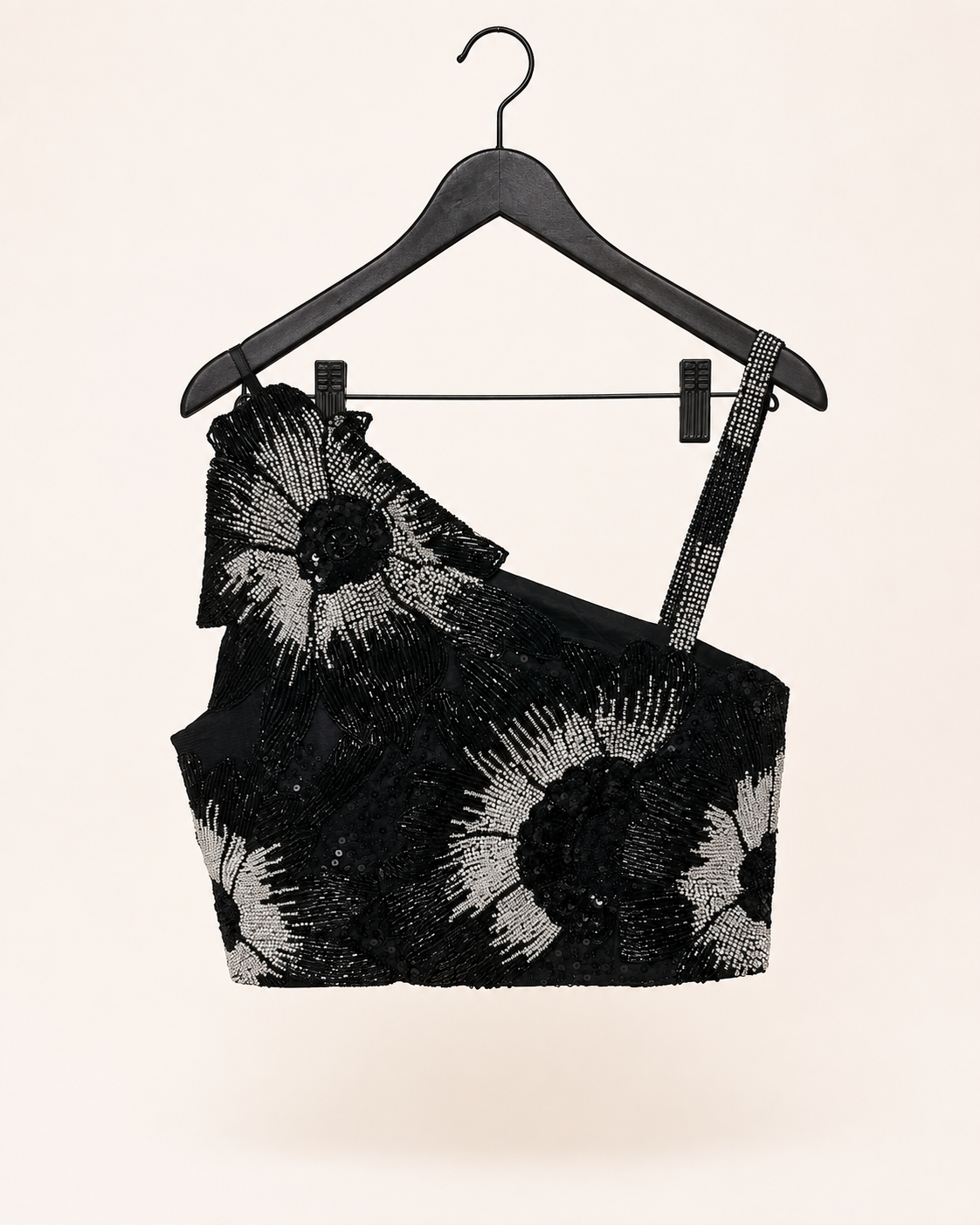 Black Floral Stone Sequence Sleeveless Top Attached Dupatta