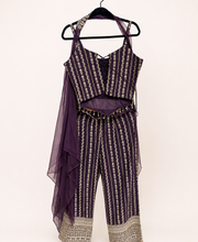 Heavy Deluxe Palazzo Set in Plum Purple with Gold Stripes sleeveless choker dupatta