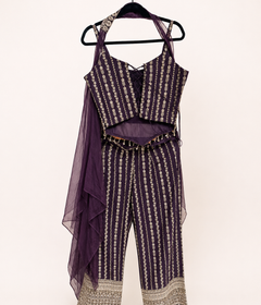 Heavy Deluxe Palazzo Set in Plum Purple with Gold Stripes sleeveless choker dupatta