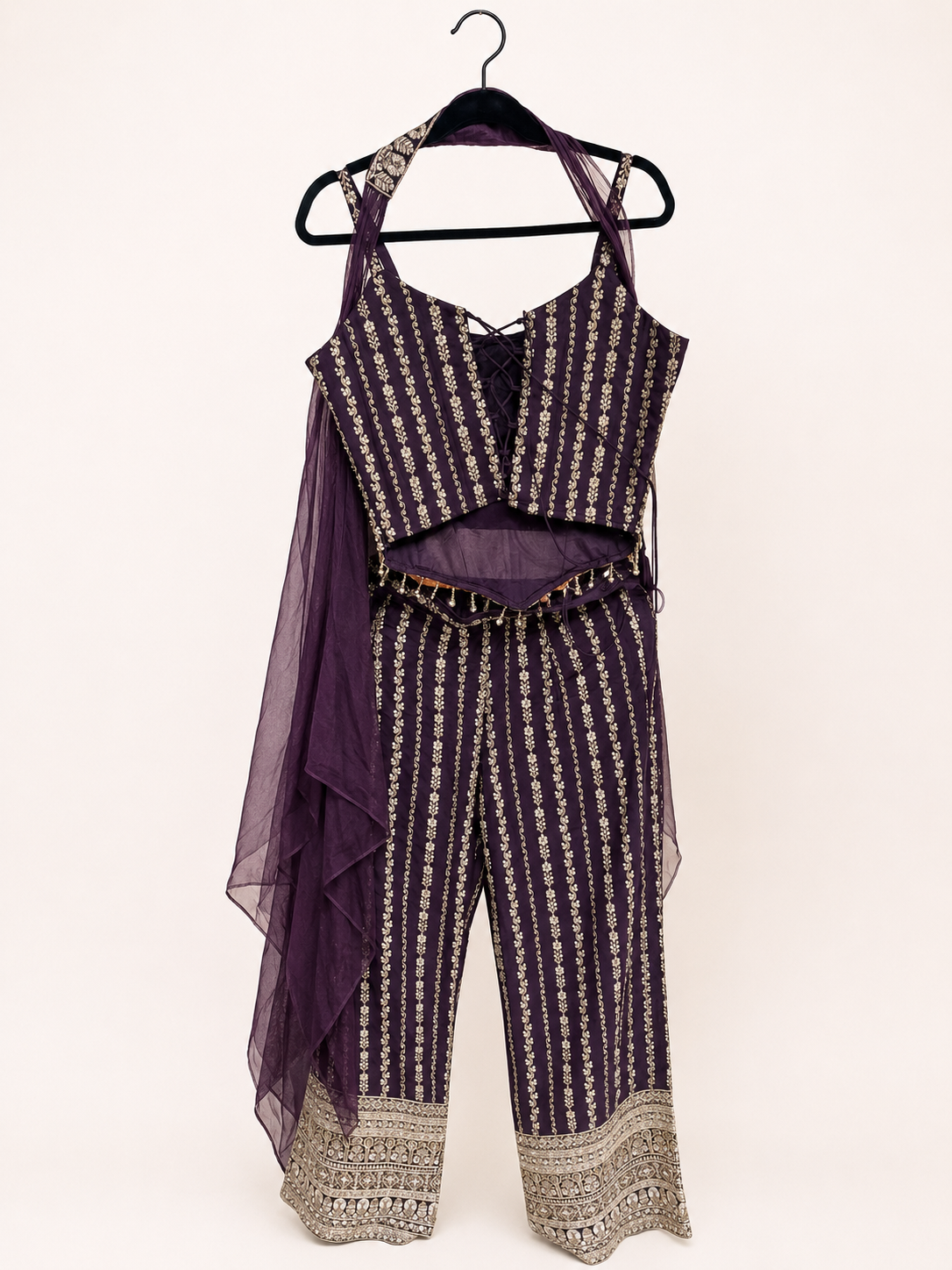 Heavy Deluxe Palazzo Set in Plum Purple with Gold Stripes sleeveless choker dupatta