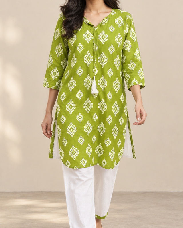 Bandhani Diamond Print Kurta Palazzo Set in Green