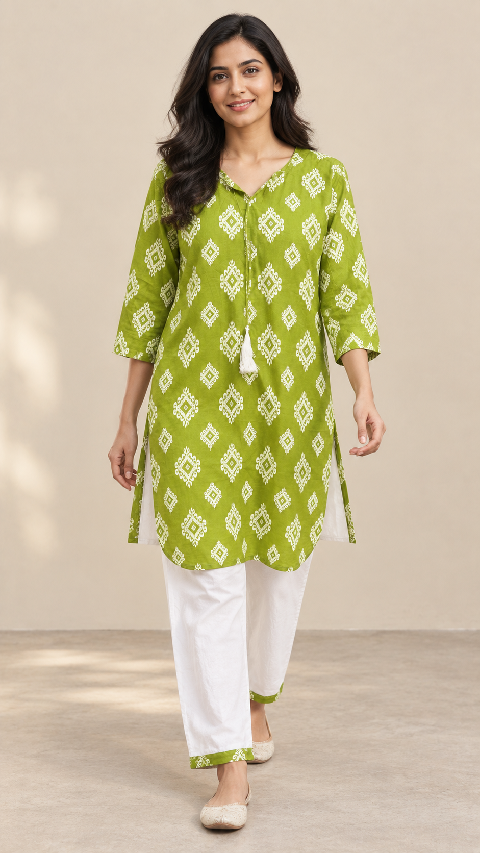 Bandhani Diamond Print Kurta Palazzo Set in Green