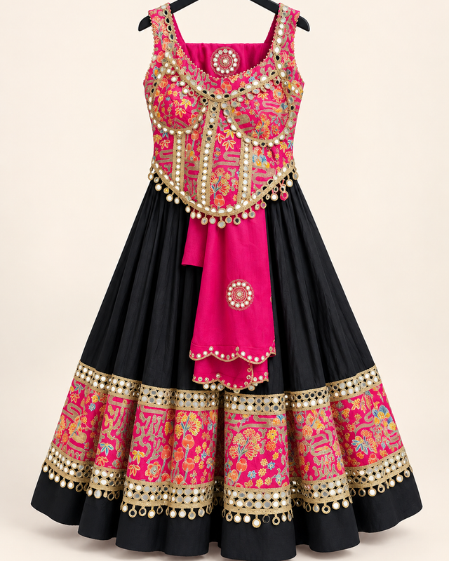 RINIYA Black and Pink Garba Lehenga Set