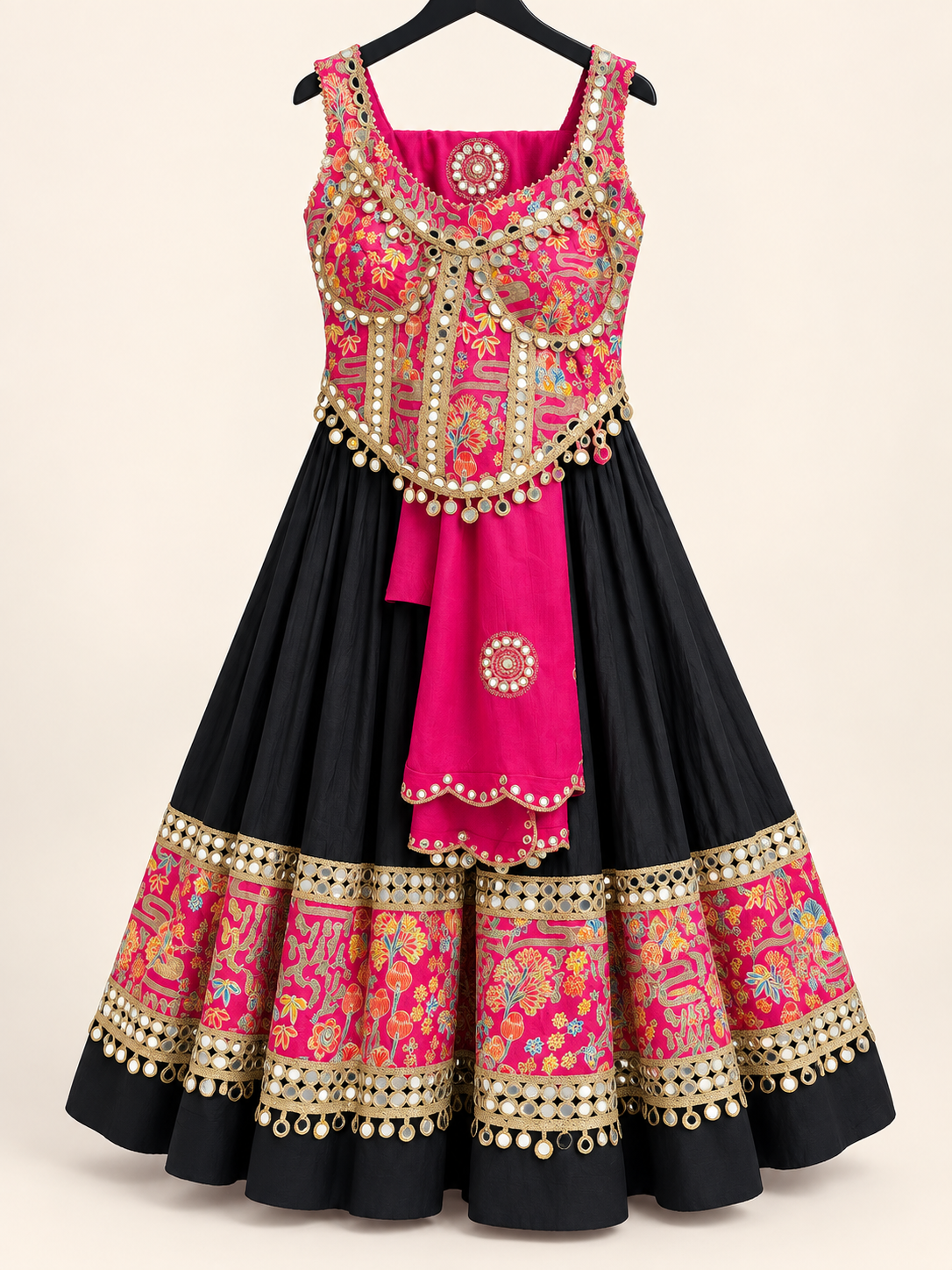 RINIYA Black and Pink Garba Lehenga Set