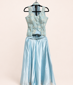 Blue Multi Cut Top With Golden Embroidery Palazzo Set Choker Dupatta