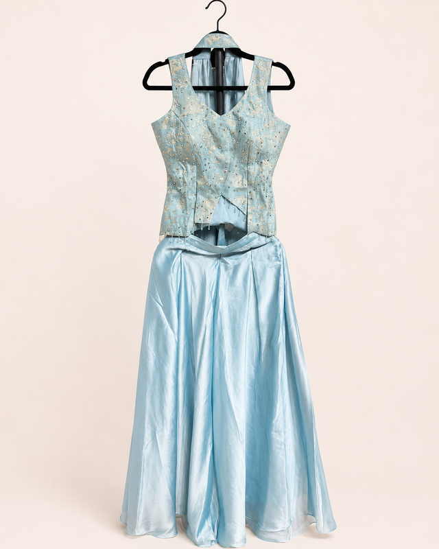 Blue Multi Cut Top With Golden Embroidery Palazzo Set Choker Dupatta