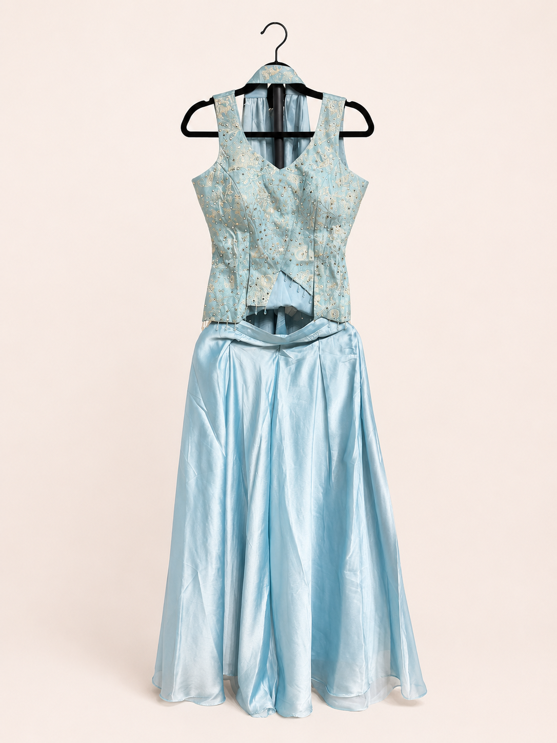 Blue Multi Cut Top With Golden Embroidery Palazzo Set Choker Dupatta