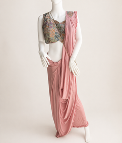 Pink Pattern Soft Pre-Stiched  Saree with purse