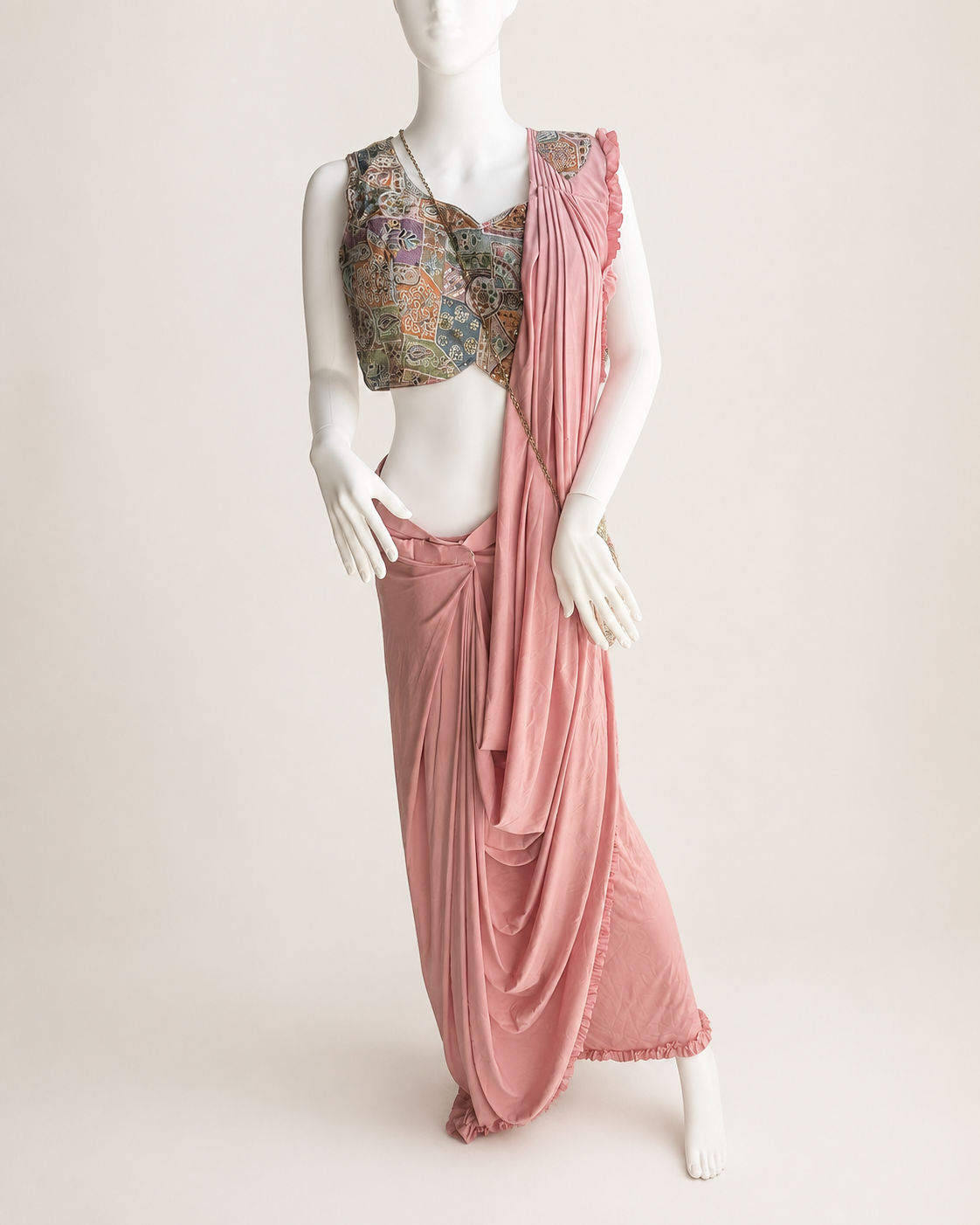 Pink Pattern Soft Pre-Stiched  Saree with purse
