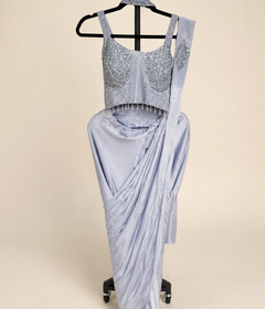 Sky Blue Sequence Hanging Beads Pre-Stiched  Saree soft material with choker dupatta