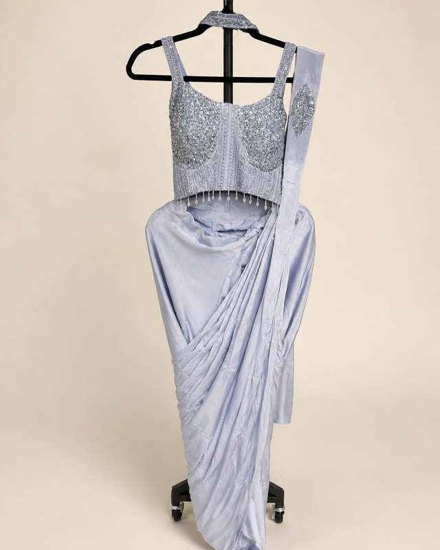 Sky Blue Sequence Hanging Beads Pre-Stiched  Saree soft material with choker dupatta
