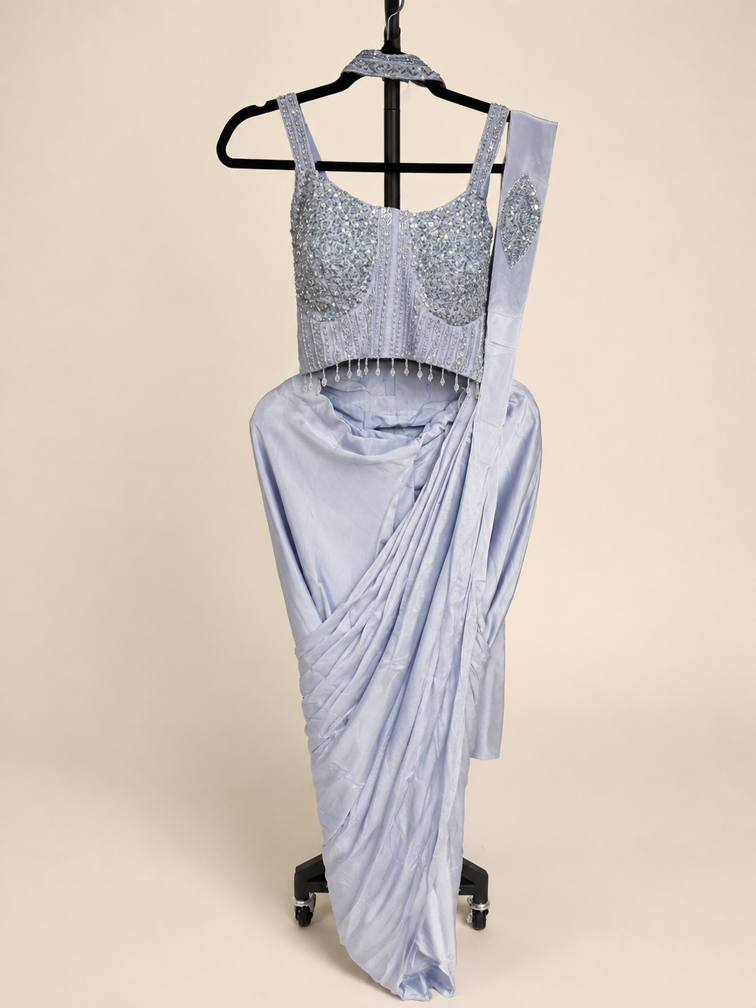 Sky Blue Sequence Hanging Beads Pre-Stiched  Saree soft material with choker dupatta
