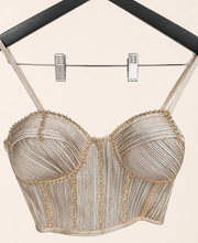 Champagne Rose Gold Wire Crop Top with Flower Dupatta Pre-Stiched- Saree