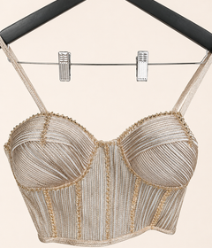 Champagne Rose Gold Wire Crop Top with Flower Dupatta Pre-Stiched- Saree