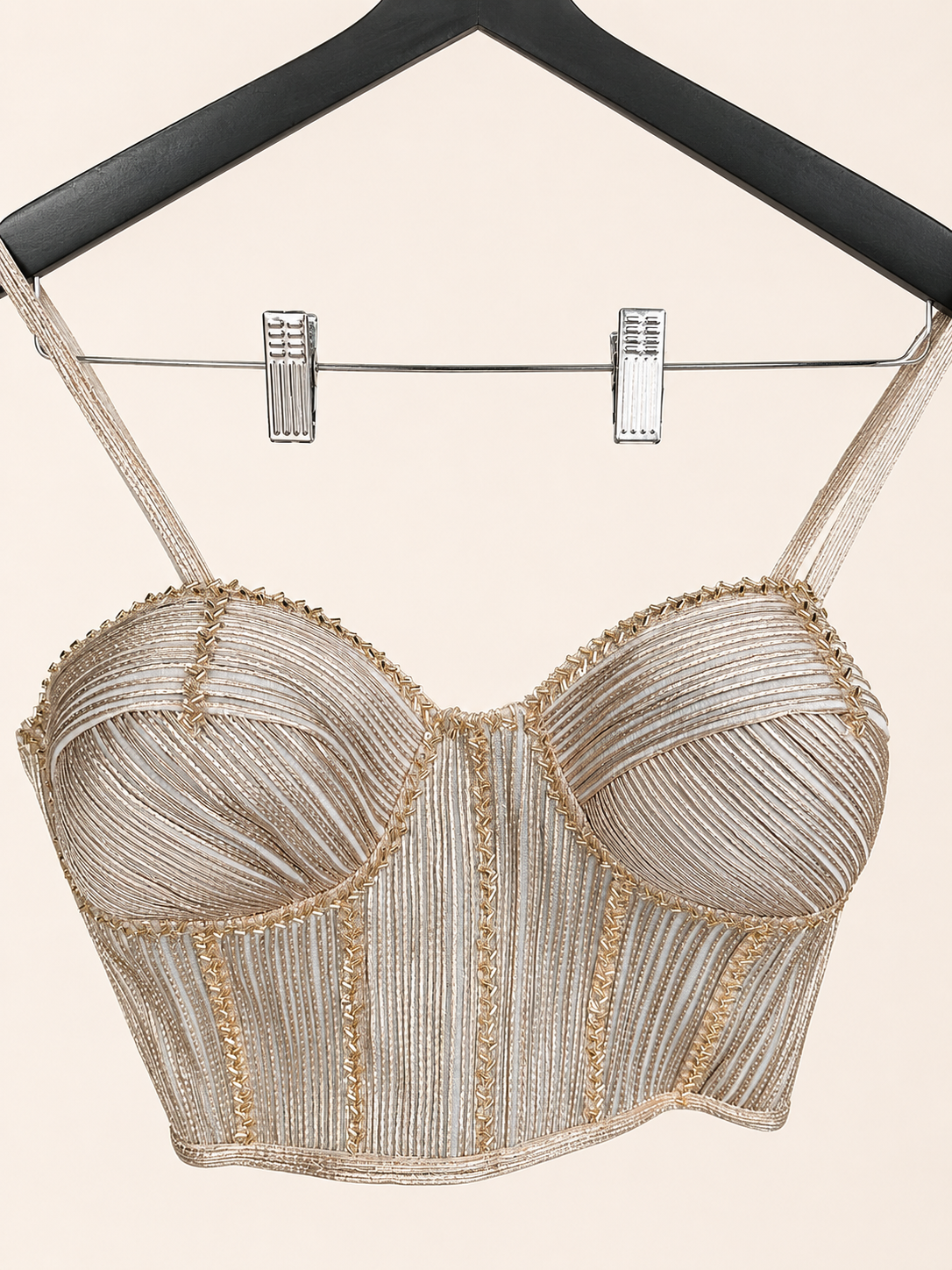 Champagne Rose Gold Wire Crop Top with Flower Dupatta Pre-Stiched- Saree