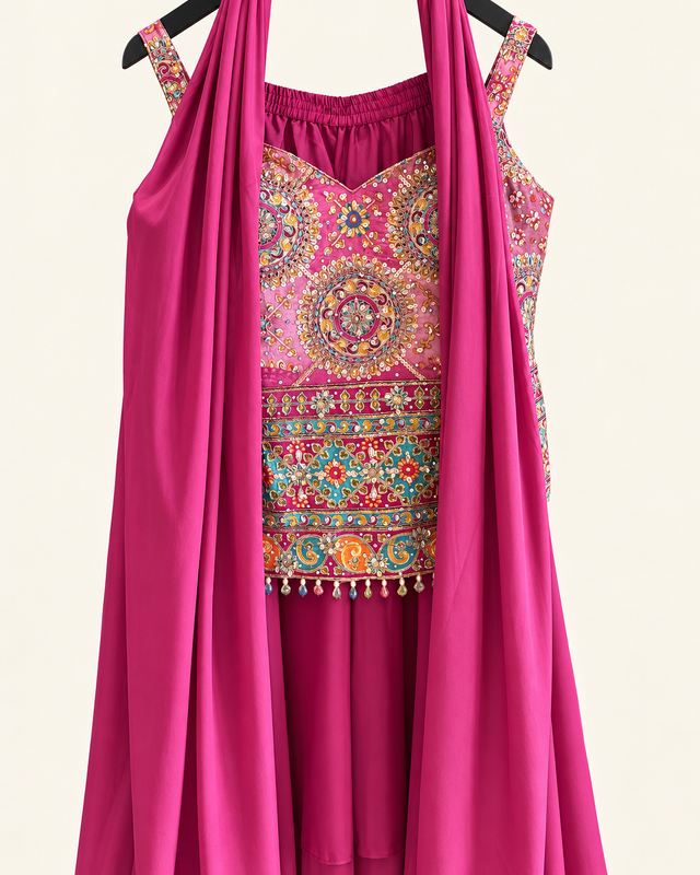 Shades of Pink Palazzo Set with Hanging Beads and choker Dupatta
