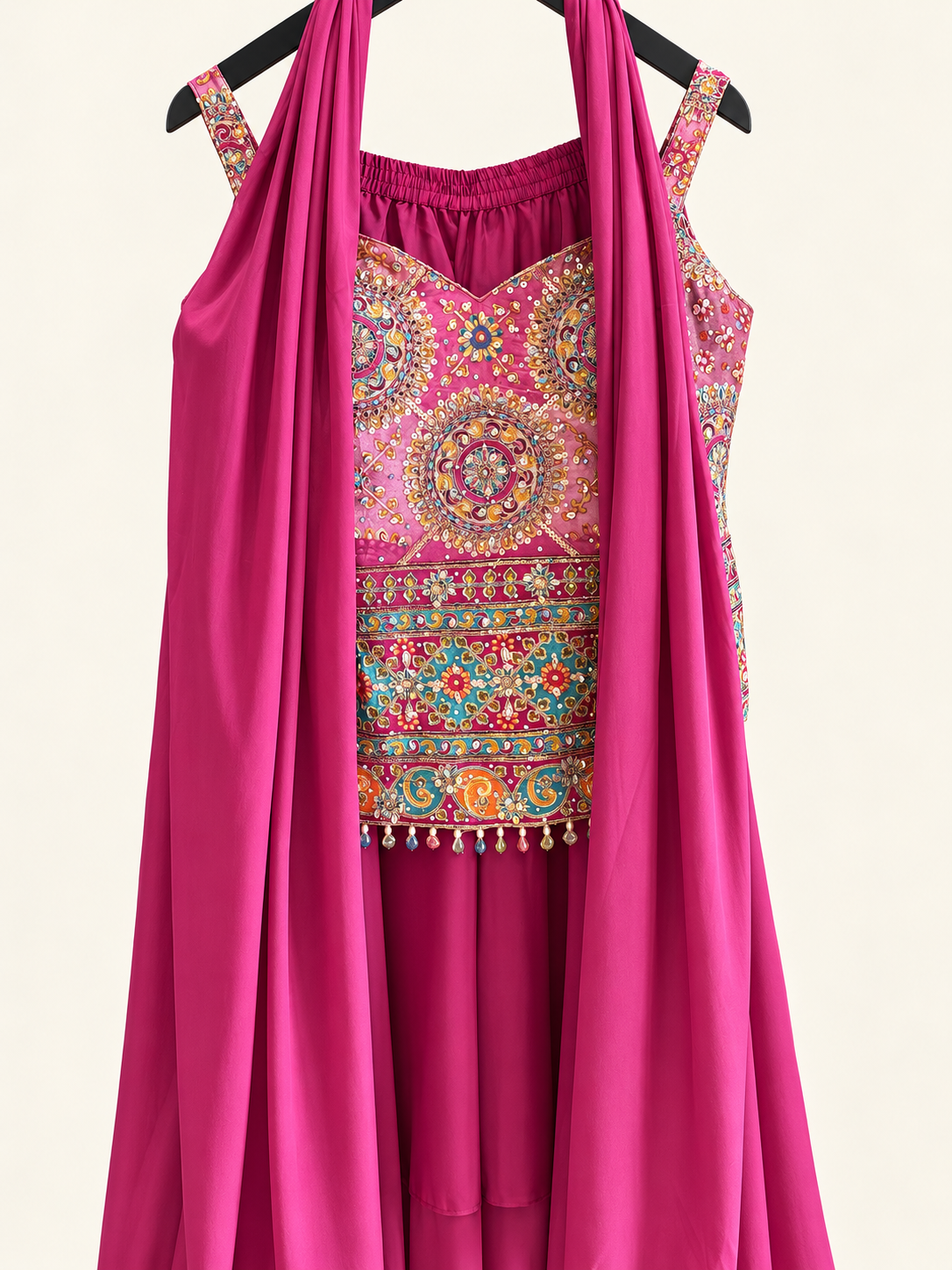 Shades of Pink Palazzo Set with Hanging Beads and choker Dupatta