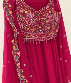 Bright Red Sleeveless Crop Top Floral Design with hanging Beads and Cape Dupatta Palazzo Set