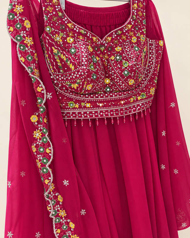 Bright Red Sleeveless Crop Top Floral Design with hanging Beads and Cape Dupatta Palazzo Set