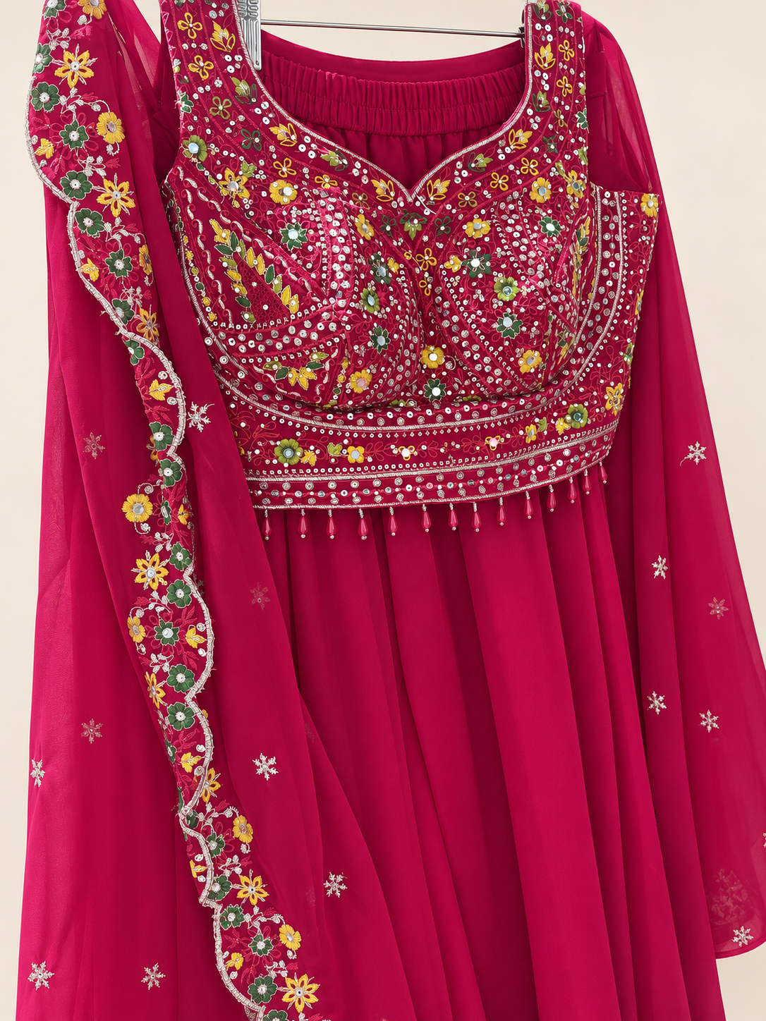Bright Red Sleeveless Crop Top Floral Design with hanging Beads and Cape Dupatta Palazzo Set
