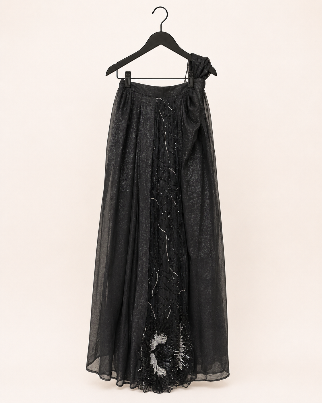 Black Floral Stone Sequence Sleeveless Top Attached Dupatta
