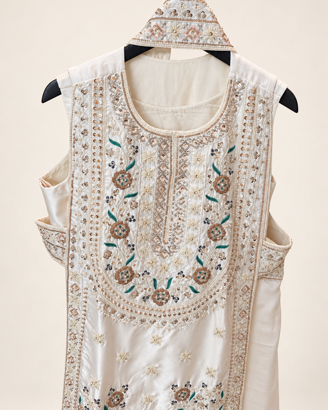 Ivory Embellished Silk Cutout Overlay Palazzo Set with Dupatta