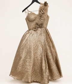 Copper Bronze Brown Metallic Floral Dupatta Attached to Skirt