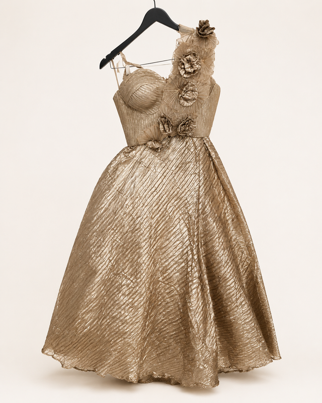 Copper Bronze Brown Metallic Floral Dupatta Attached to Skirt