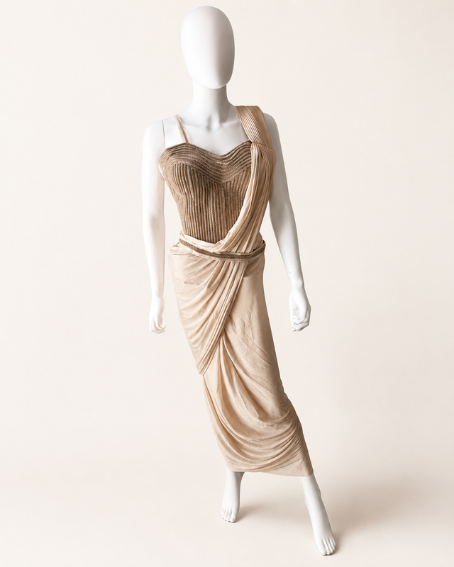 Champagne Party Wear Pre-Stiched  Saree Gem Stone