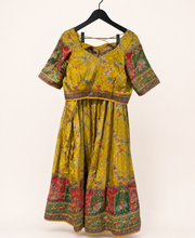 Mustard Yellow Traditional Animals with Blue Dupatta Soft Material Lehenga Set