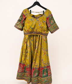 Mustard Yellow Traditional Animals with Blue Dupatta Soft Material Lehenga Set