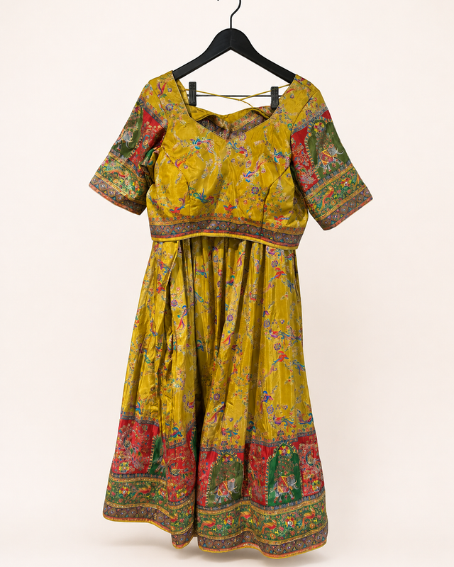 Mustard Yellow Traditional Animals with Blue Dupatta Soft Material Lehenga Set