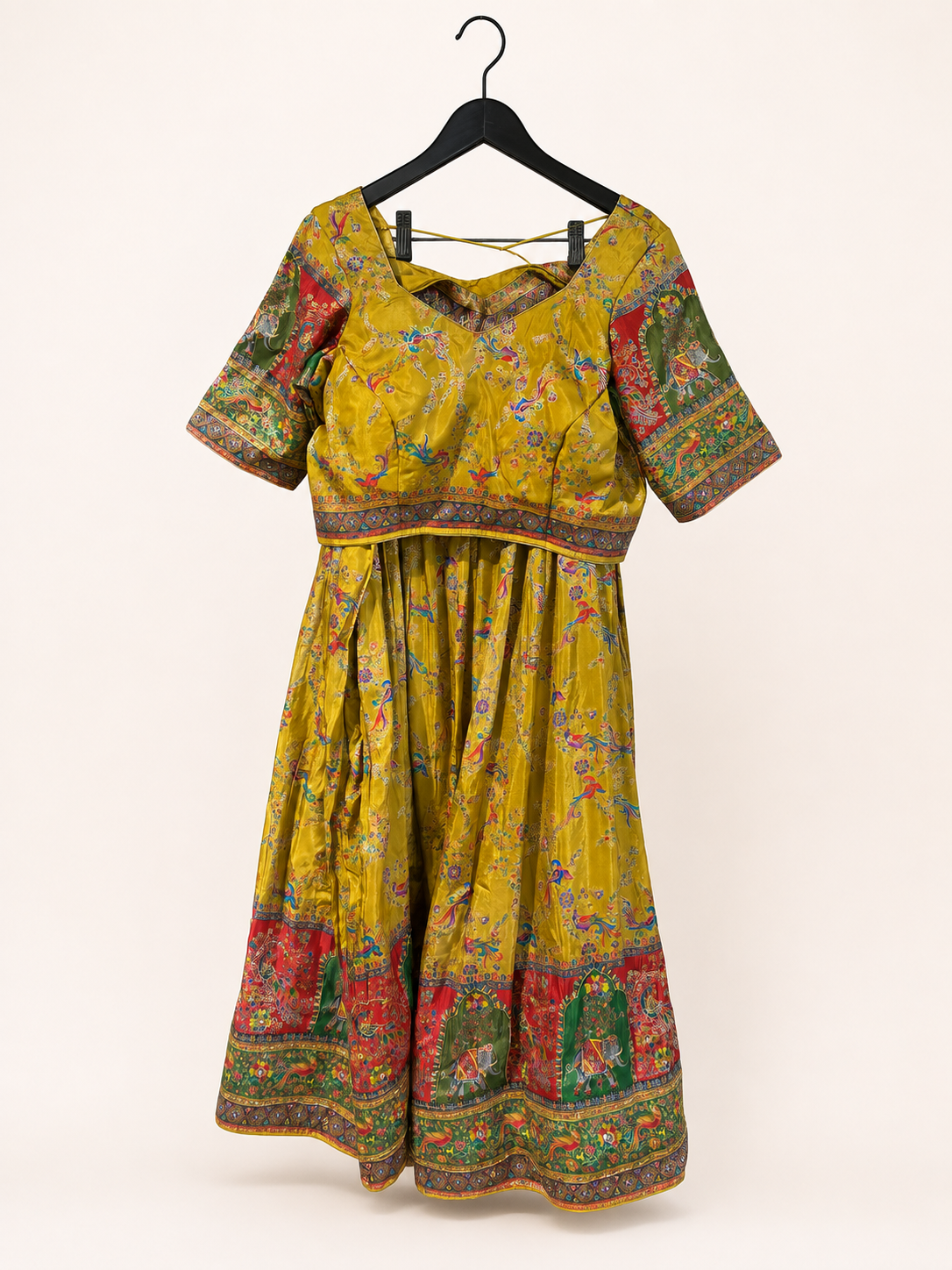 Mustard Yellow Traditional Animals with Blue Dupatta Soft Material Lehenga Set