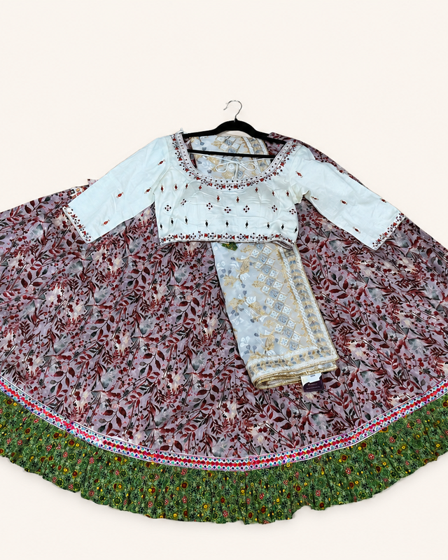 Light Pink Leaf and White Dupatta Lehenga Set