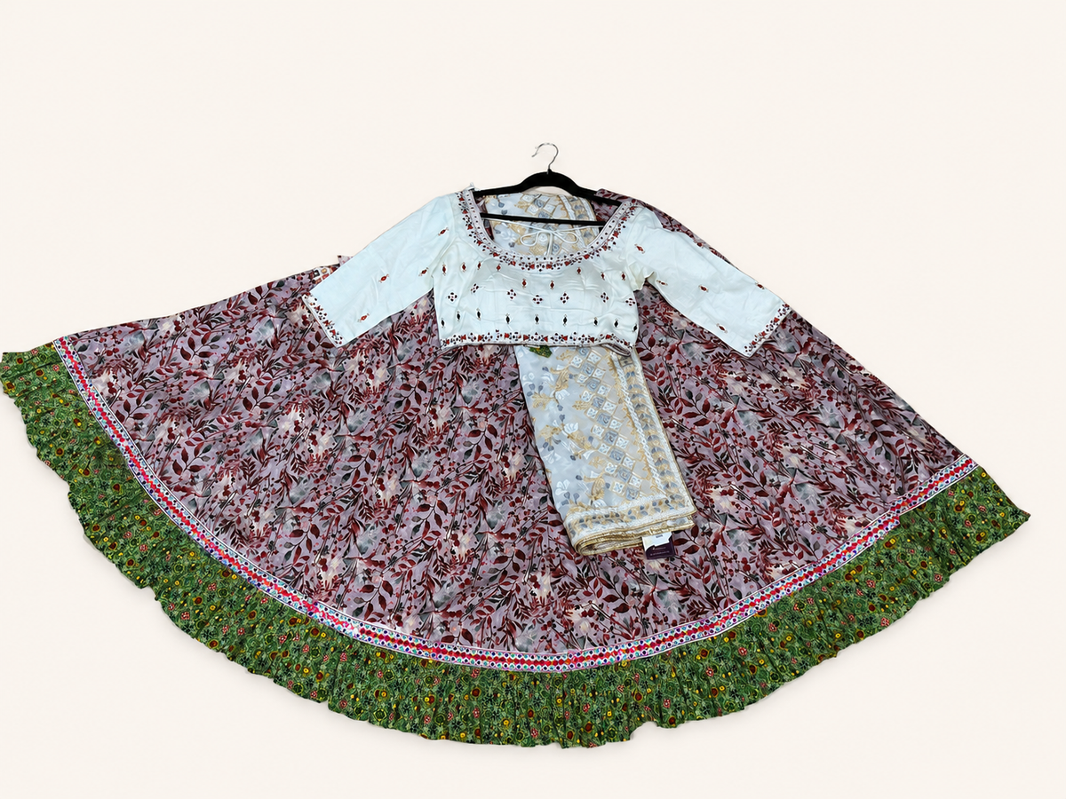 Light Pink Leaf and White Dupatta Lehenga Set
