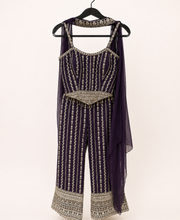 Heavy Deluxe Palazzo Set in Plum Purple with Gold Stripes sleeveless choker dupatta