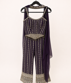 Heavy Deluxe Palazzo Set in Plum Purple with Gold Stripes sleeveless choker dupatta