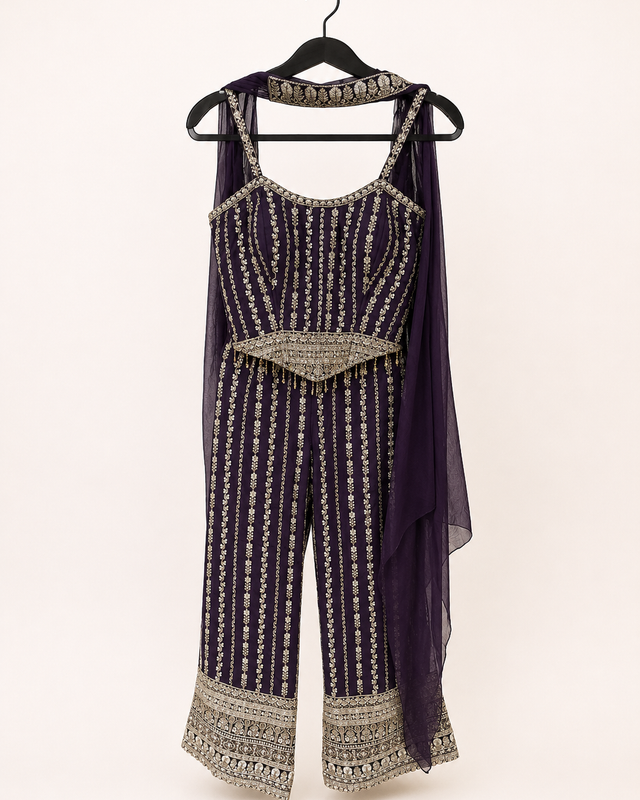 Heavy Deluxe Palazzo Set in Plum Purple with Gold Stripes sleeveless choker dupatta